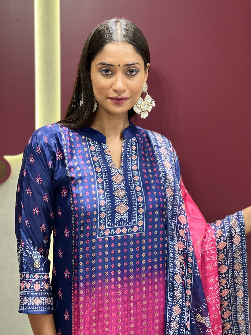 Stylish Chinon Fabric Dark Navy Blue Suit Set