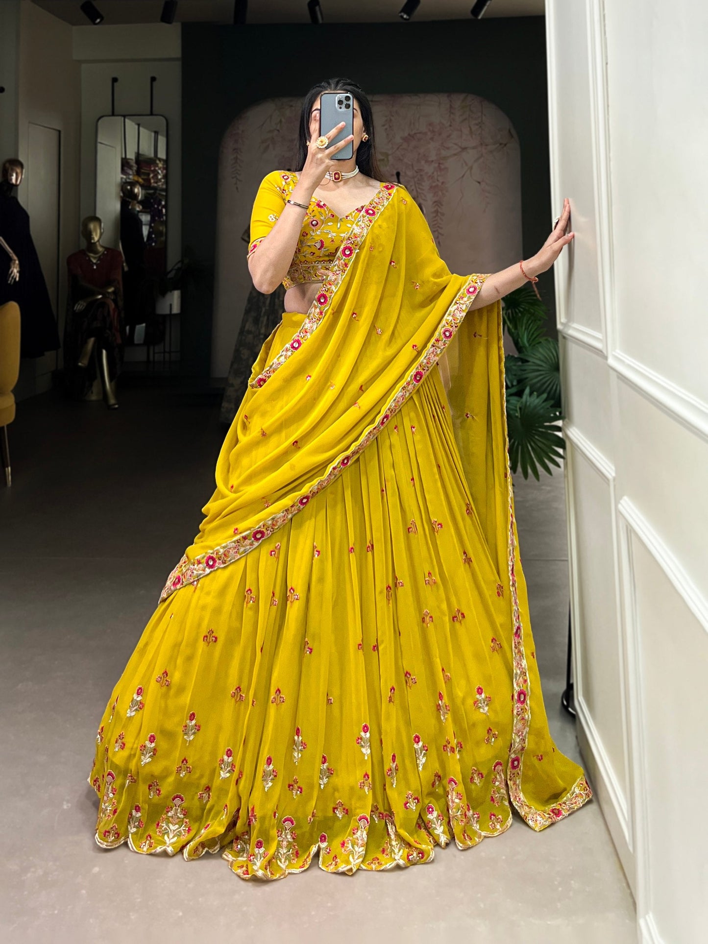 Haldi Function Embroidery & Sequence Yellow Lehenga Choli