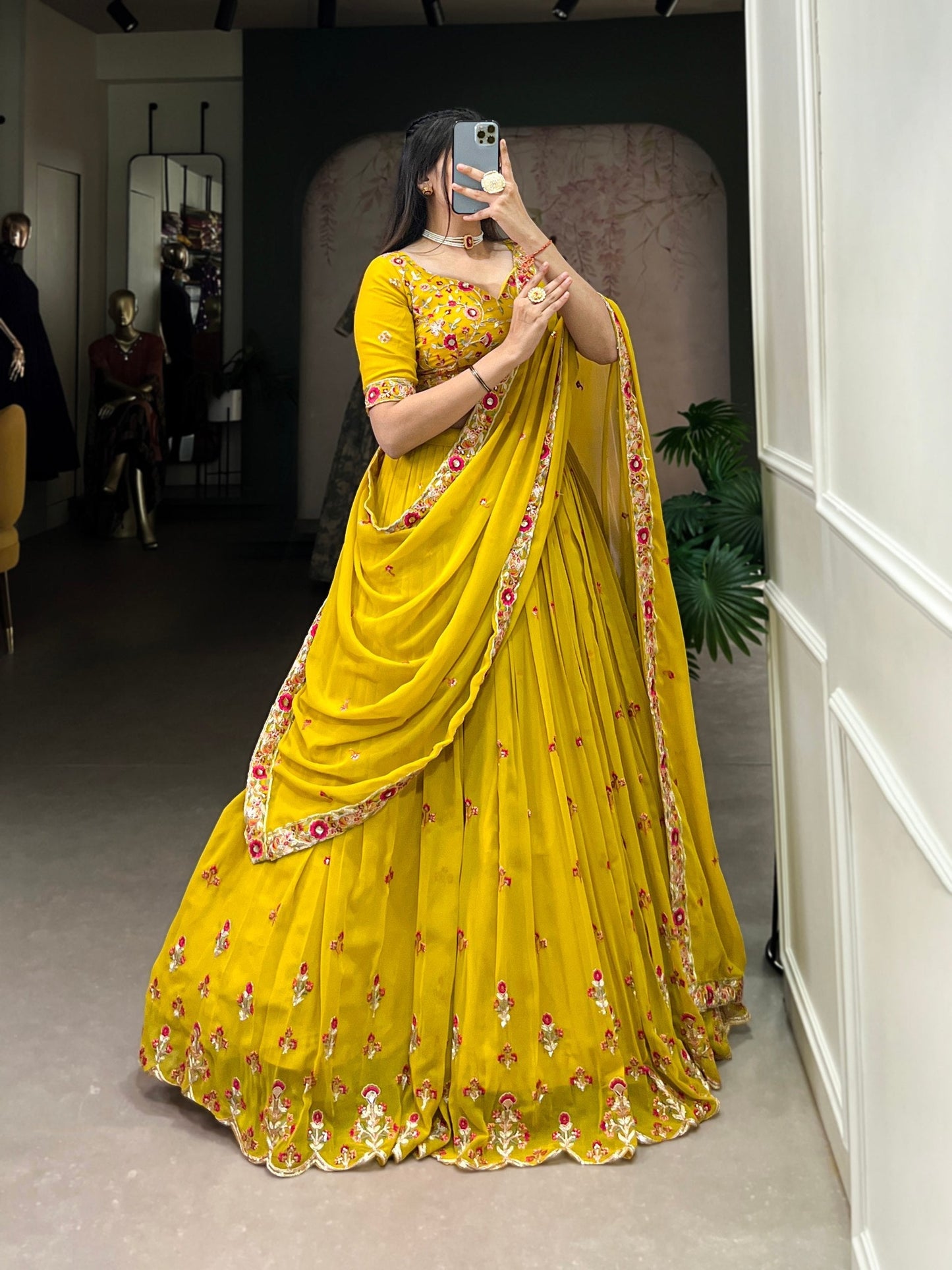 Haldi Function Embroidery & Sequence Yellow Lehenga Choli