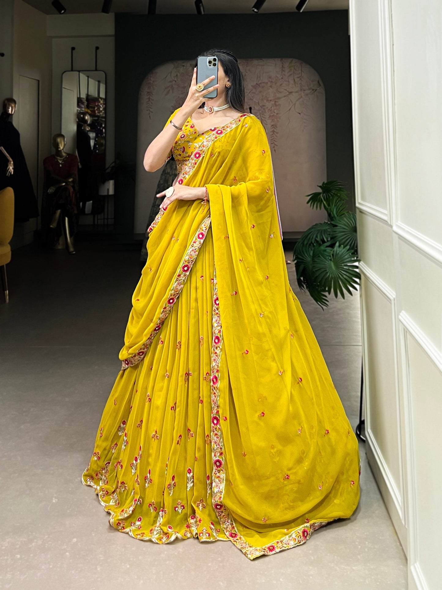 Haldi Function Embroidery & Sequence Yellow Lehenga Choli