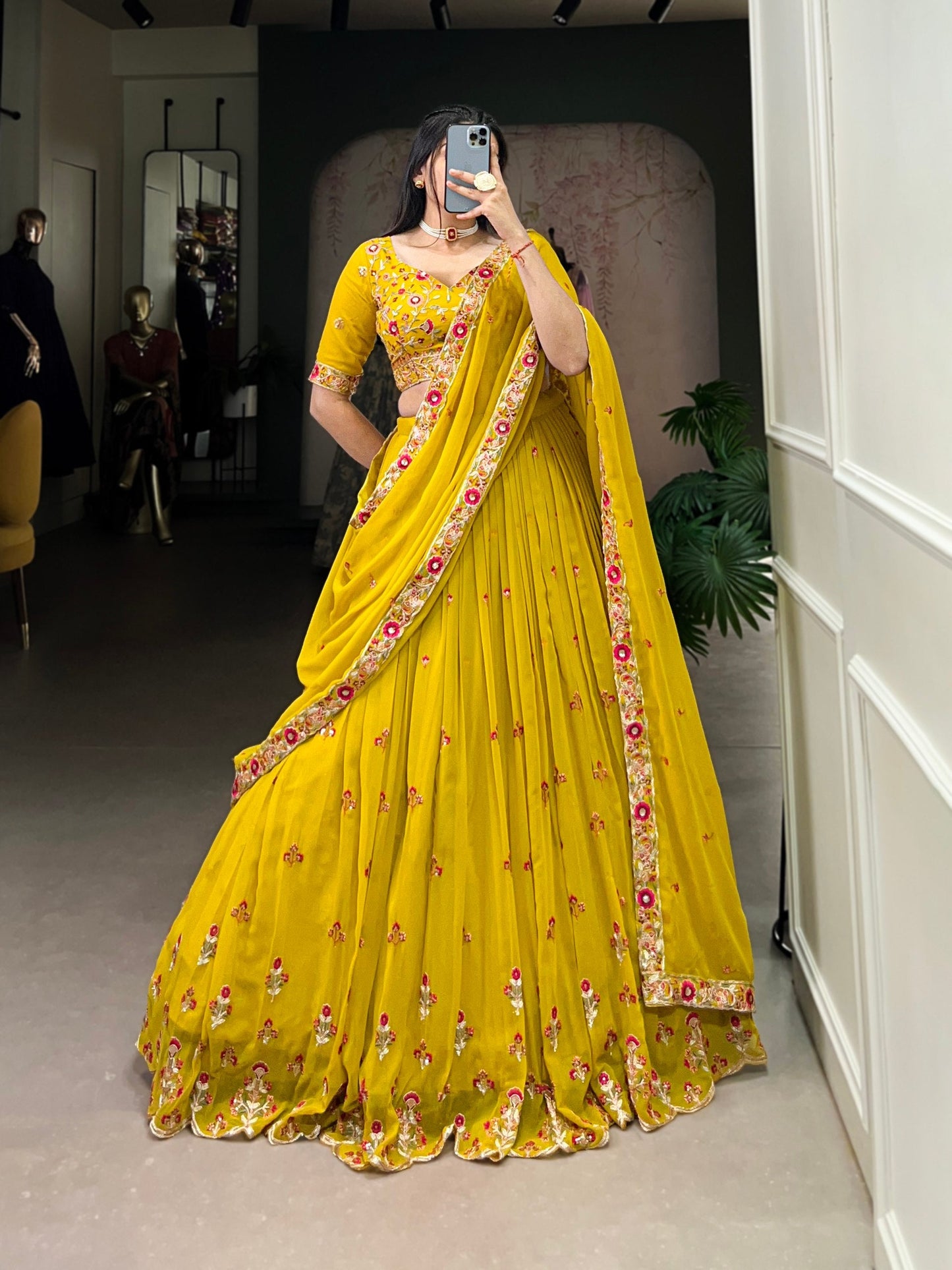Haldi Function Embroidery & Sequence Yellow Lehenga Choli
