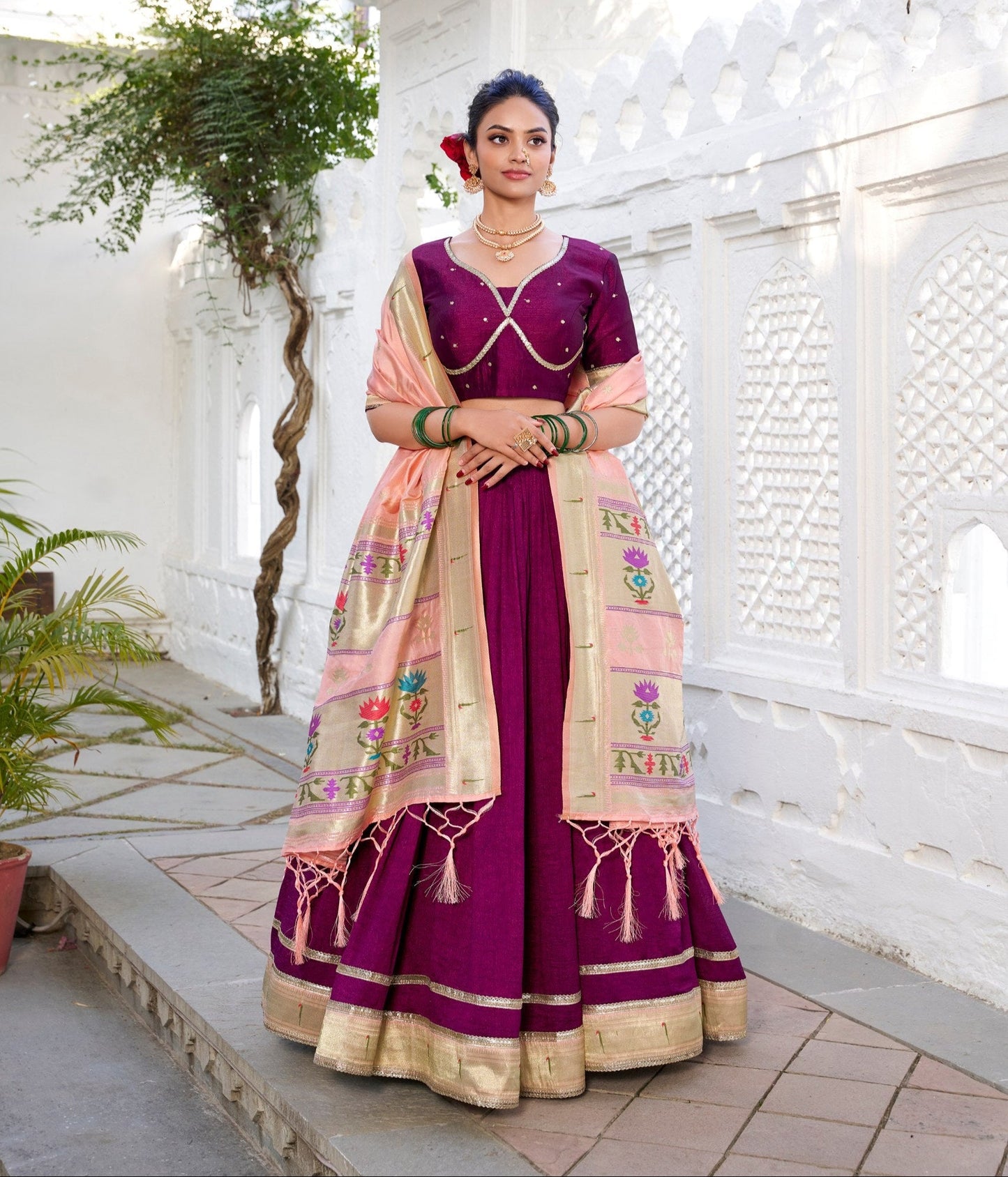 Traditional Wine Color Silk Paithani Lehenga Choli