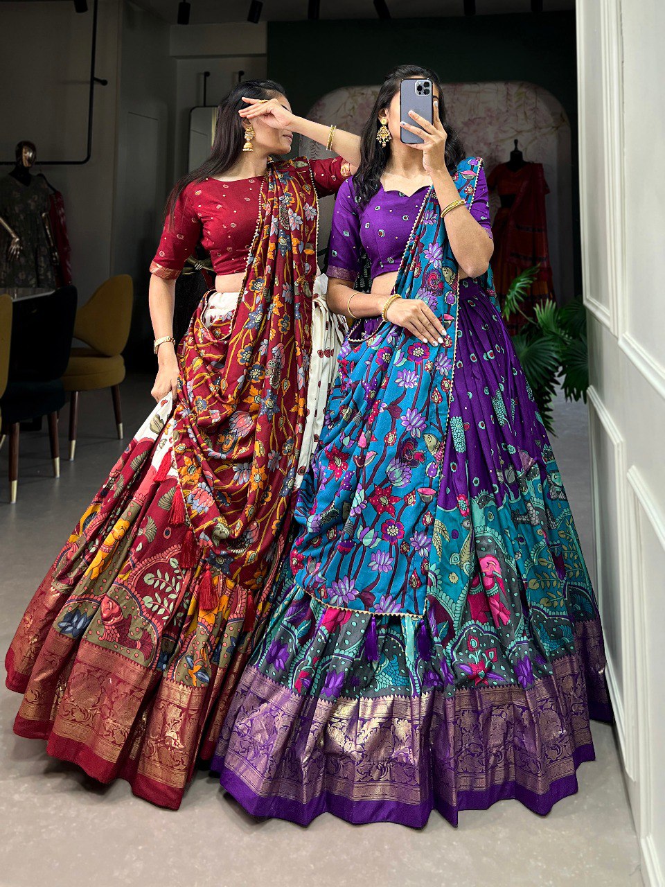 Trending Kalamkari Print Foil Work Lehenga Choli
