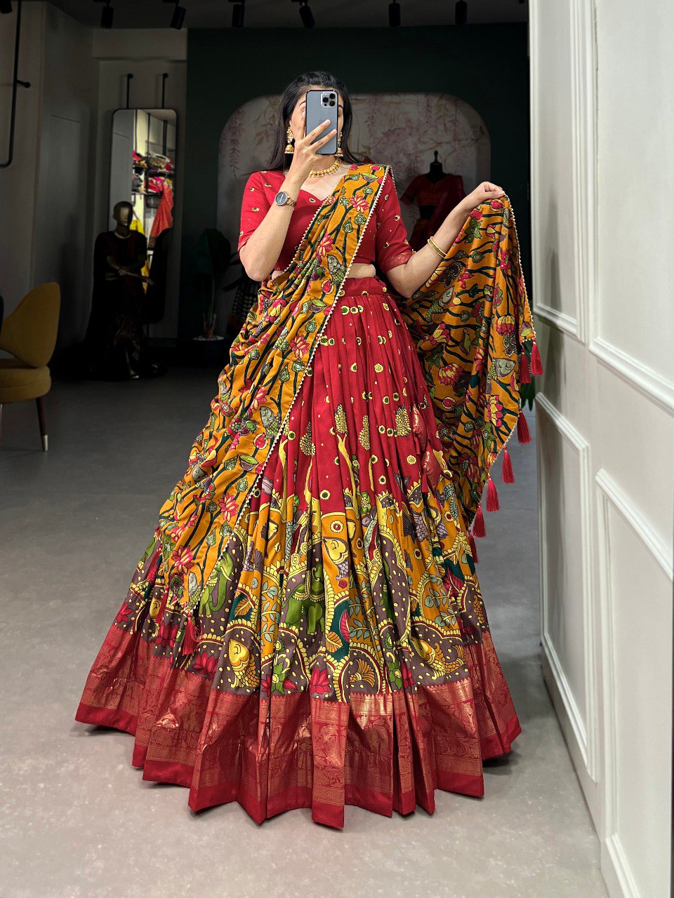 Trending Kalamkari Print Foil Work Lehenga Choli
