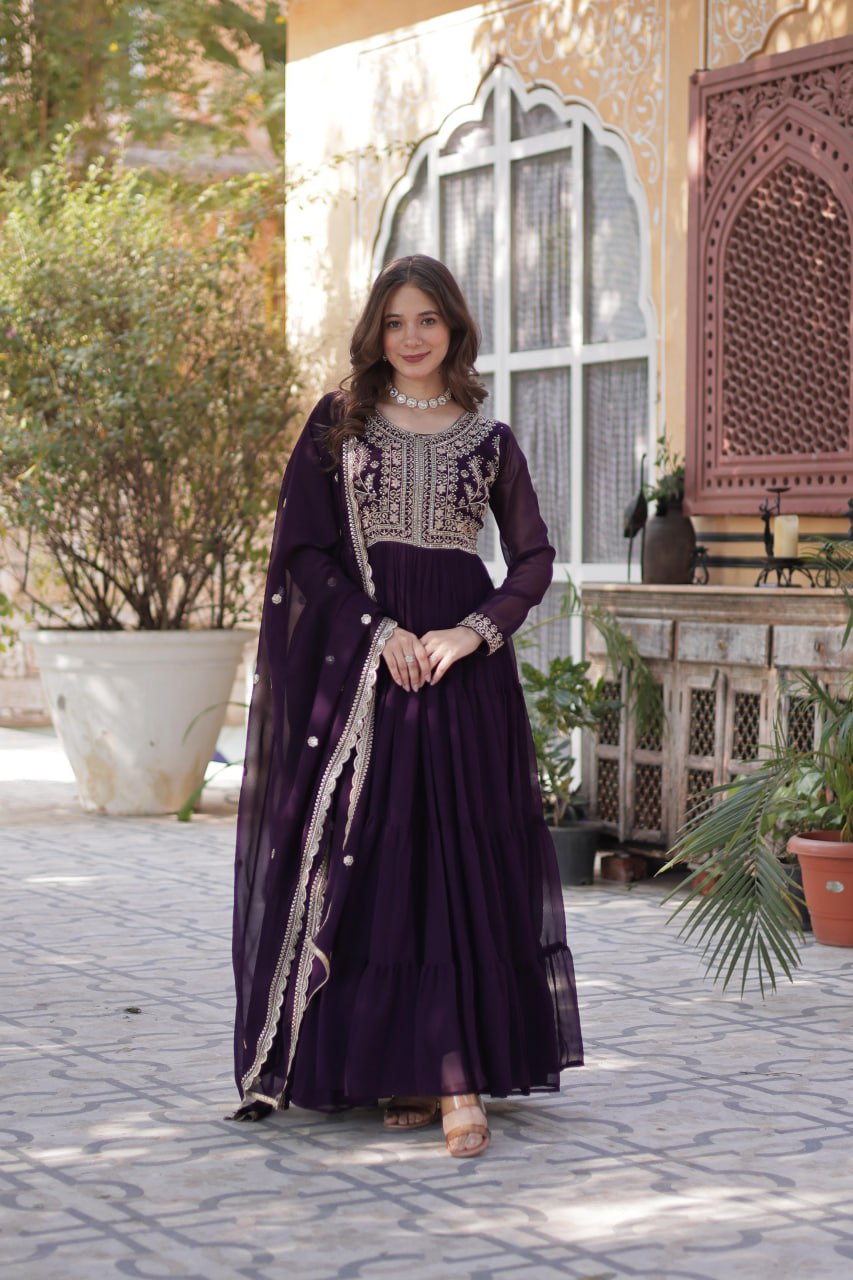 Attractive Embroidered Pearl work Gown with Dupatta