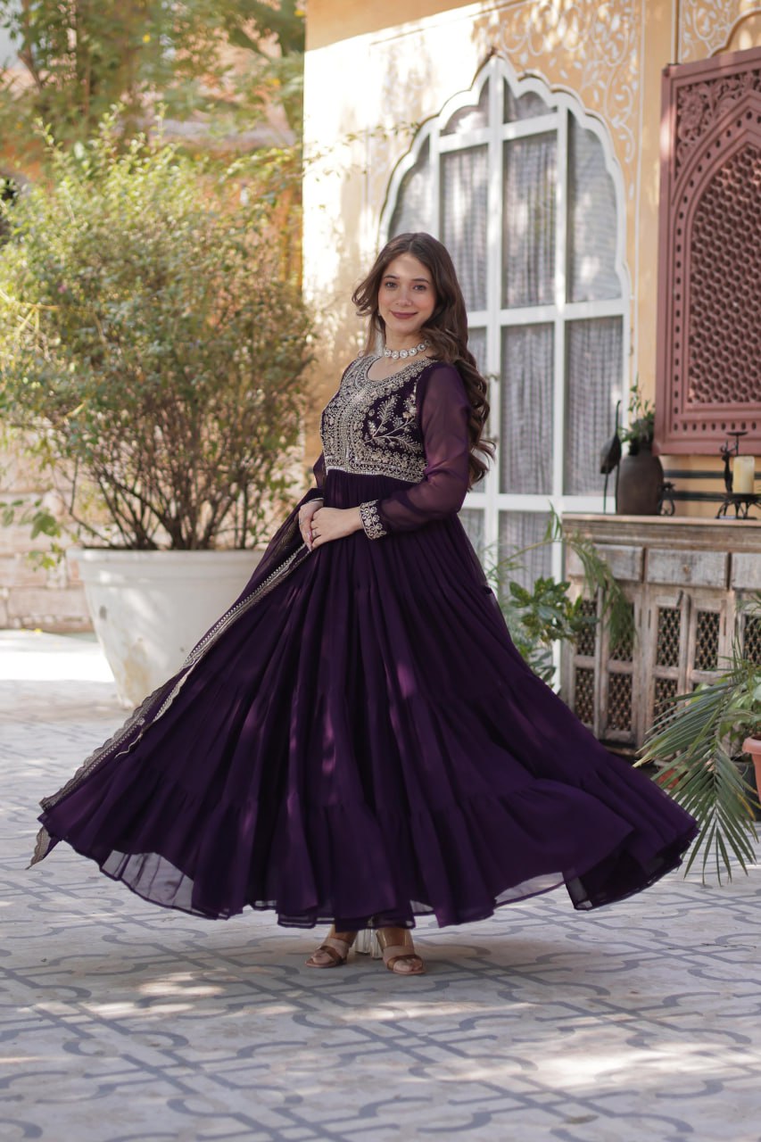 Attractive Embroidered Pearl work Gown with Dupatta