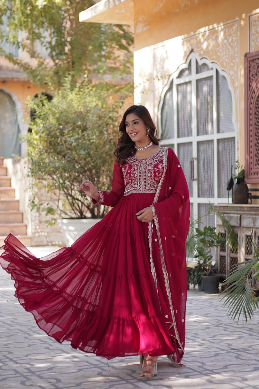 Attractive Embroidered Pearl work Gown with Dupatta