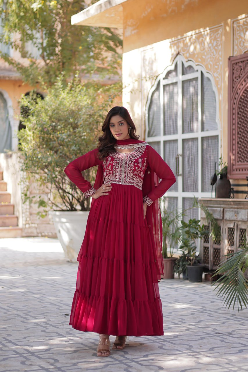 Attractive Embroidered Pearl work Gown with Dupatta