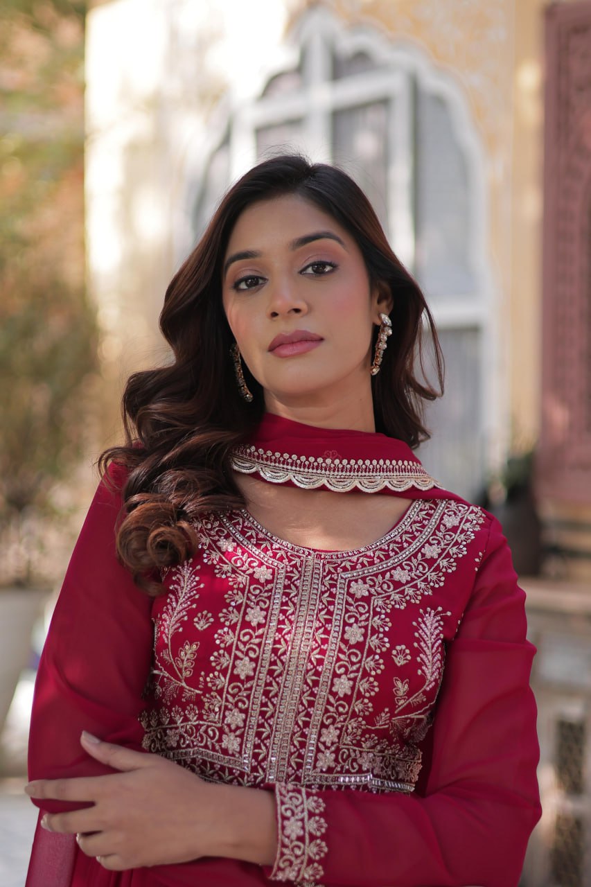 Attractive Embroidered Pearl work Gown with Dupatta