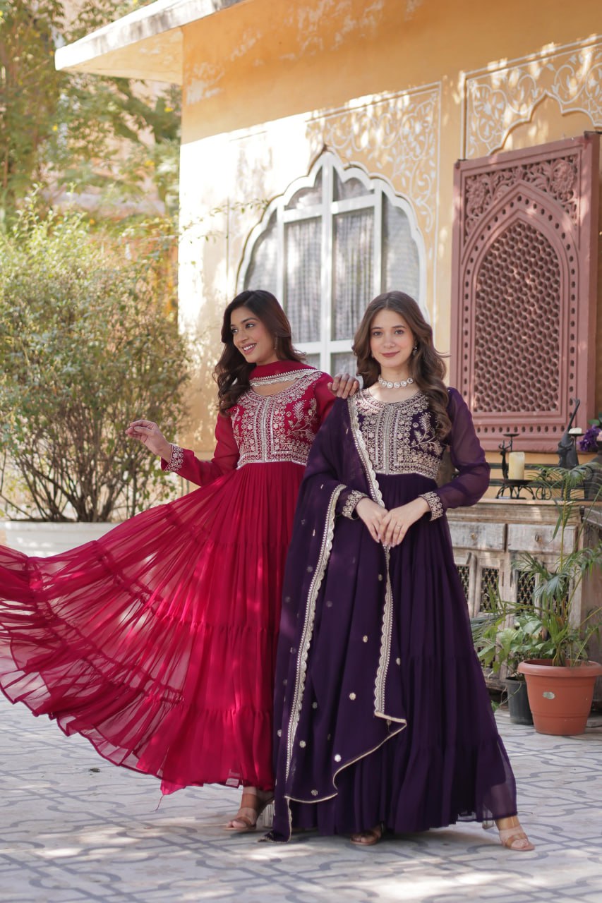 Attractive Embroidered Pearl work Gown with Dupatta