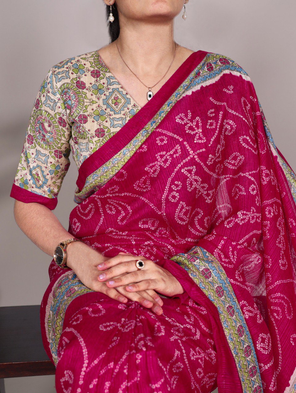 Traditional Fusion Print of Madhubani and Bhandhej work Saree