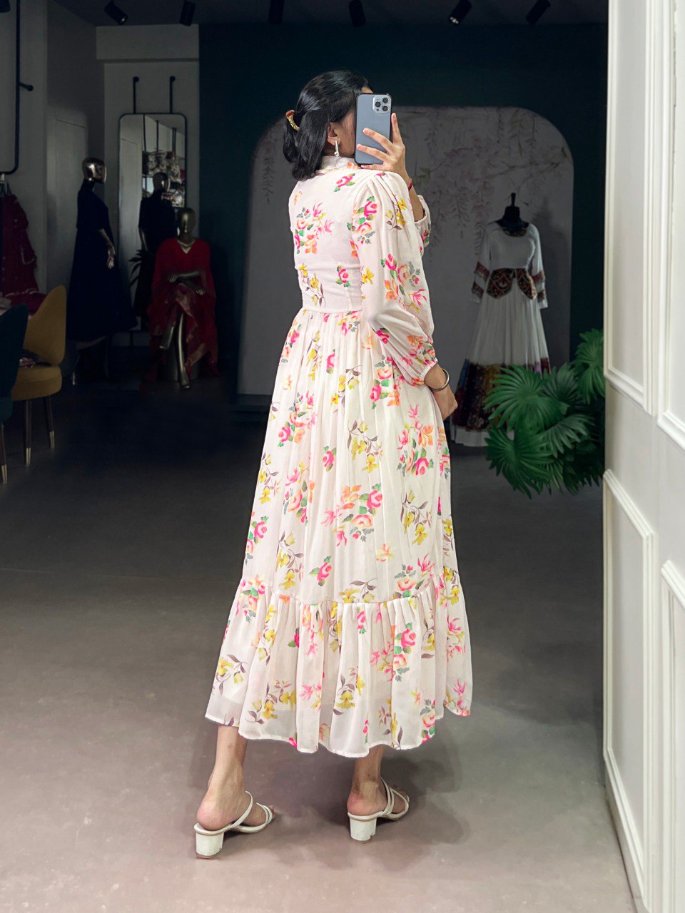 Designer Cream Color Floral Print Dress