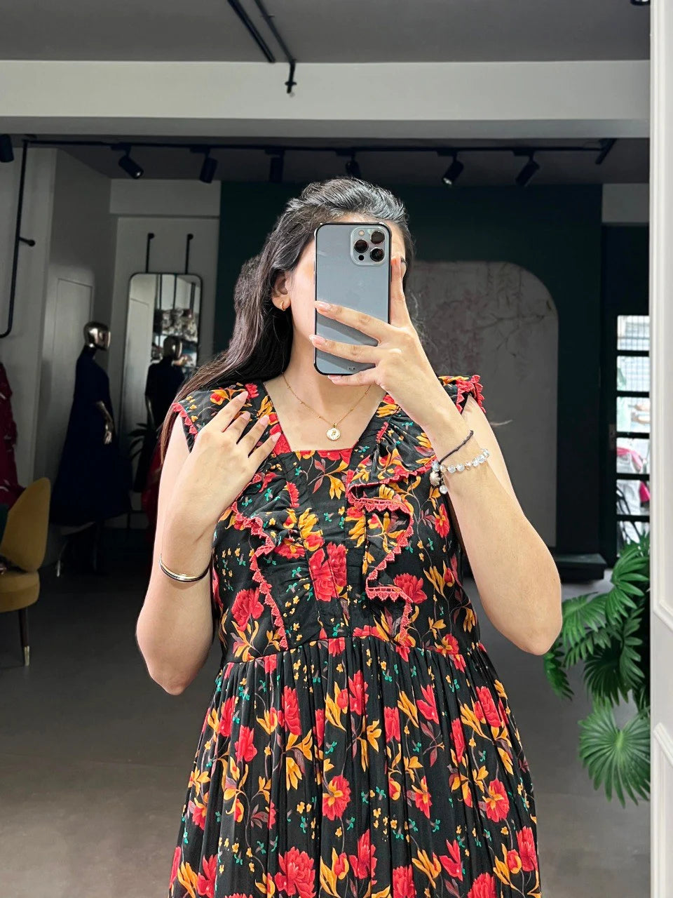 Latest Floral Print Design Maslin Silk Dress for Womens