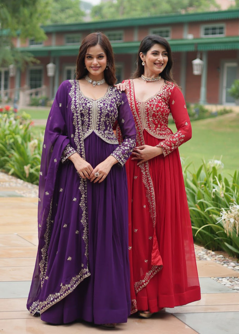 Thread Embroidery with Sequence Work Full Length Gown