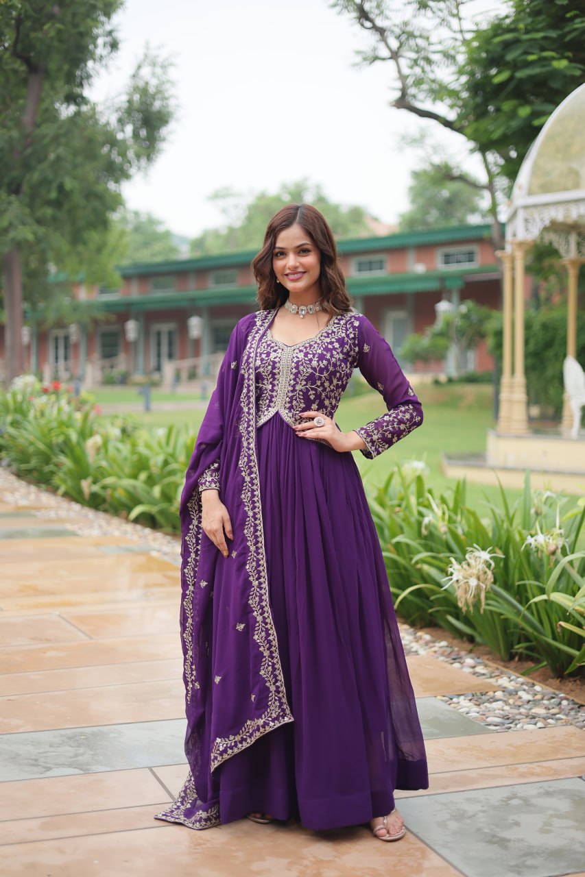 Thread Embroidery with Sequence Work Full Length Gown