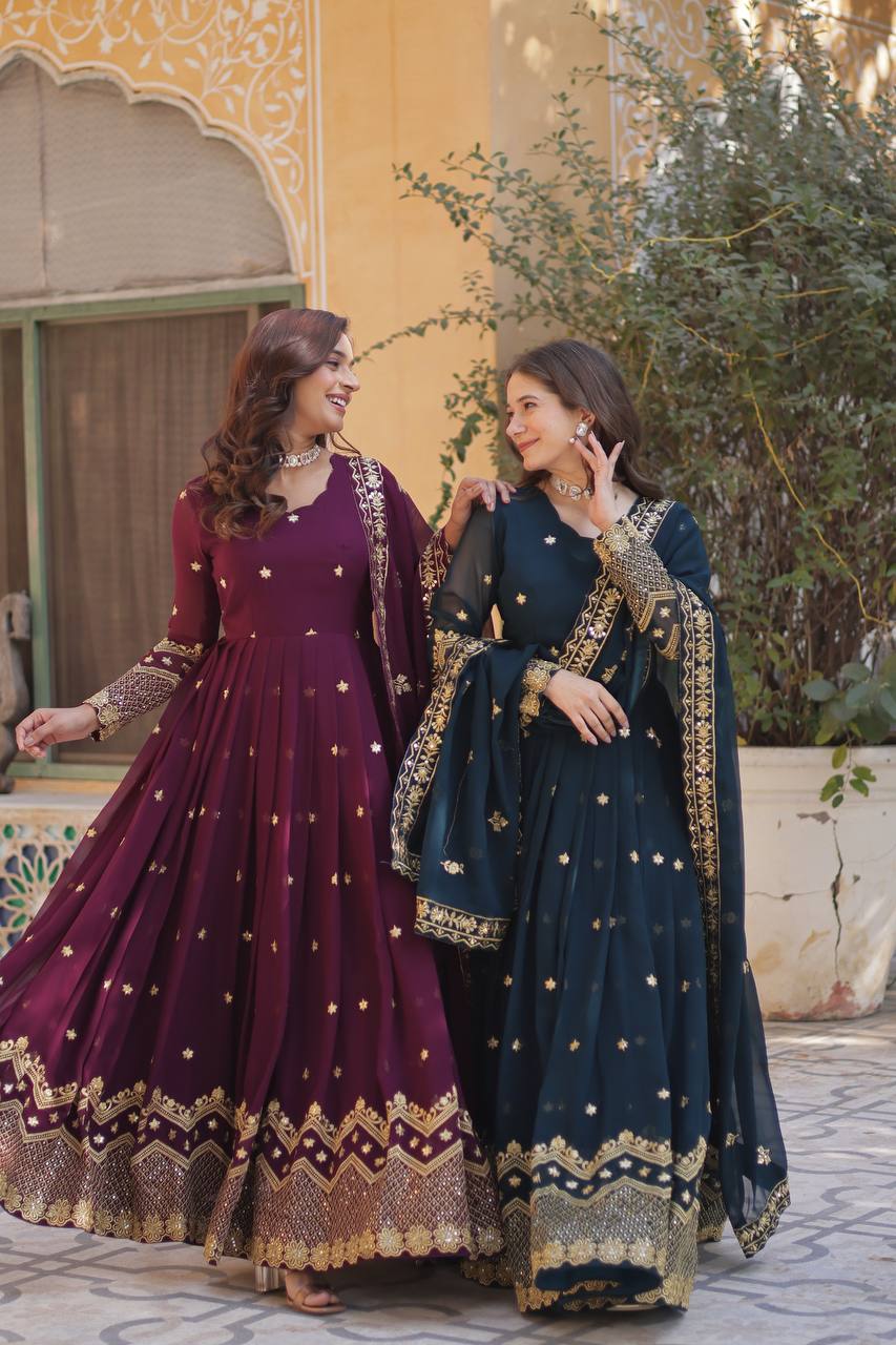 New Sequence & Embroidery Work Georgette Gown with Dupatta