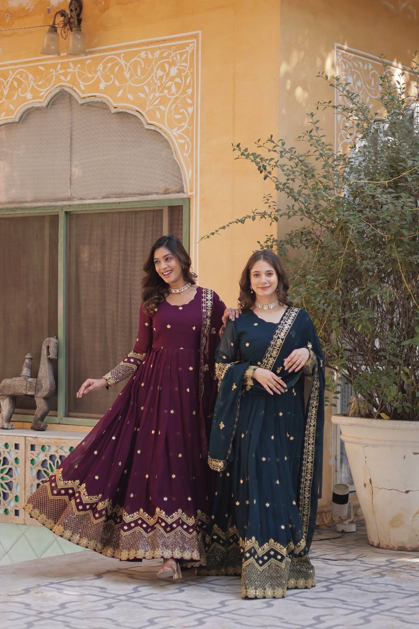 New Sequence & Embroidery Work Georgette Gown with Dupatta