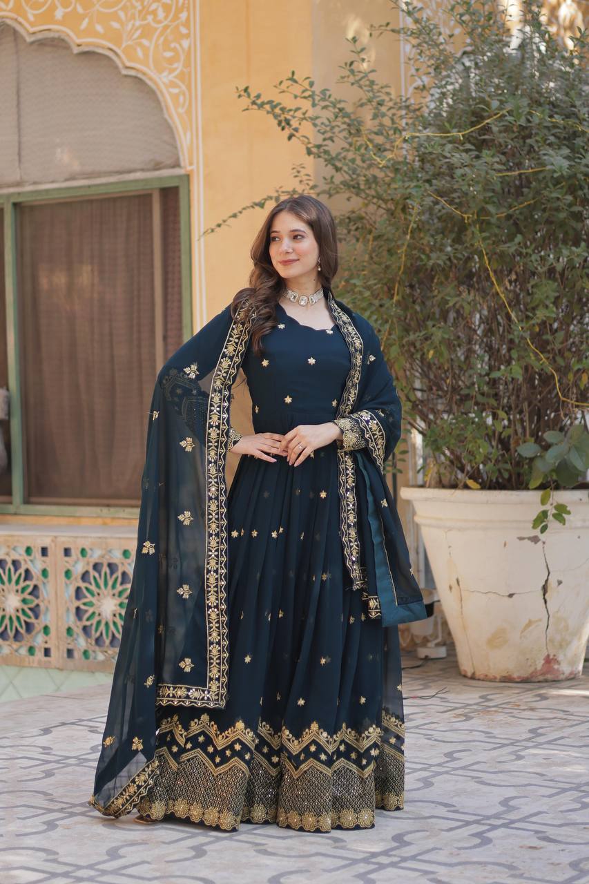 New Sequence & Embroidery Work Georgette Gown with Dupatta