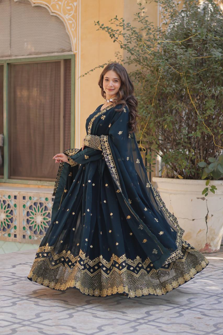 New Sequence & Embroidery Work Georgette Gown with Dupatta