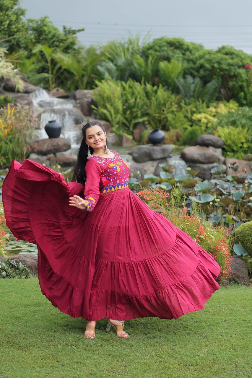 Designer Rayon Kutchi Work Marron Navratri Gown