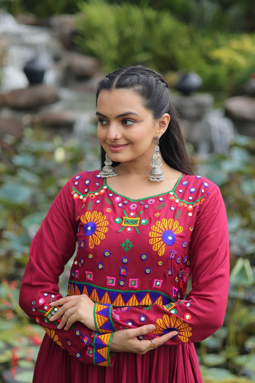 Designer Rayon Kutchi Work Marron Navratri Gown