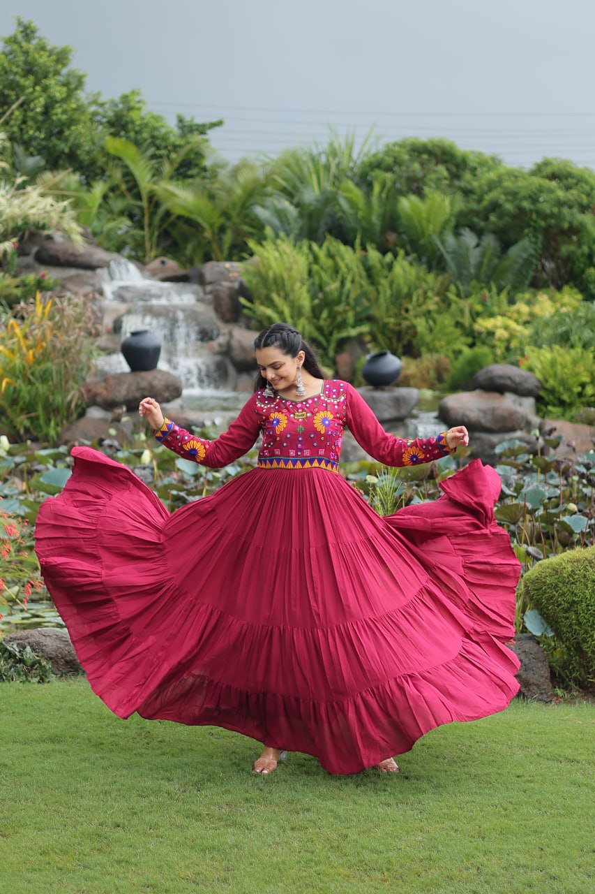 Designer Rayon Kutchi Work Marron Navratri Gown