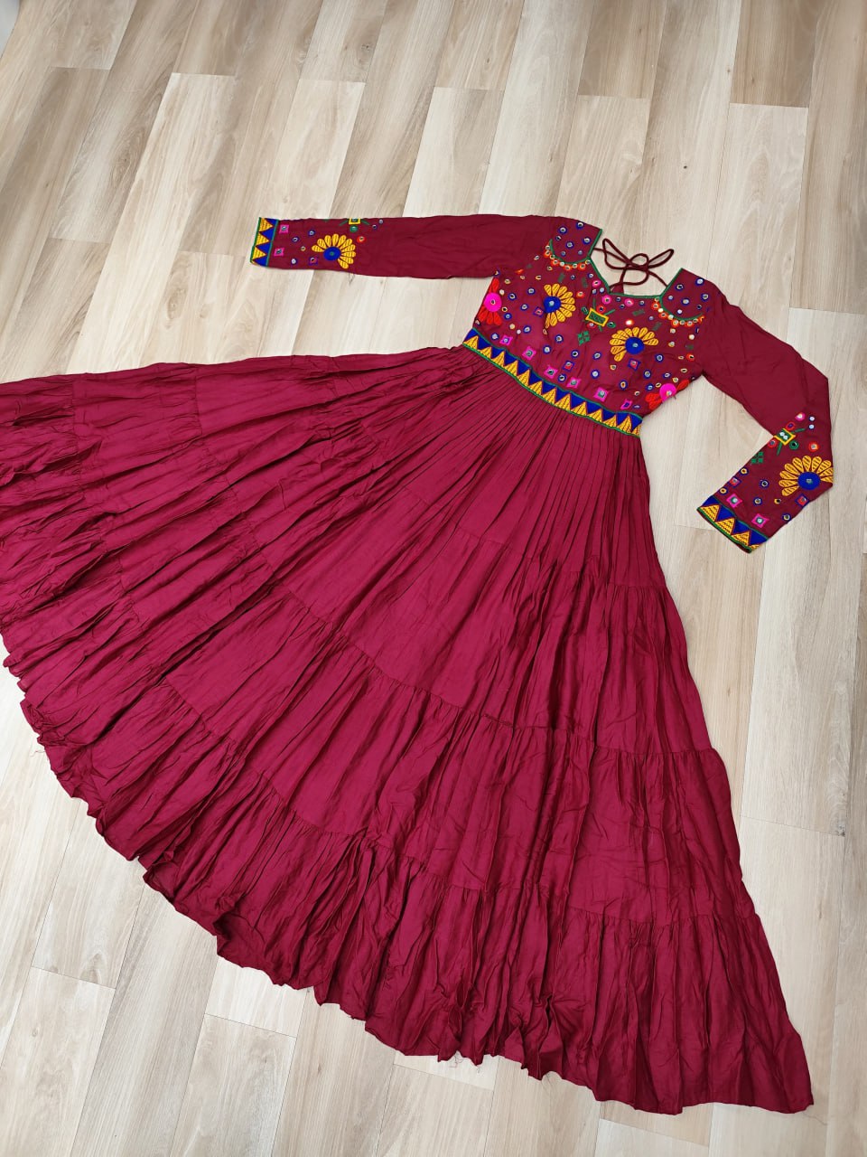 Designer Rayon Kutchi Work Marron Navratri Gown