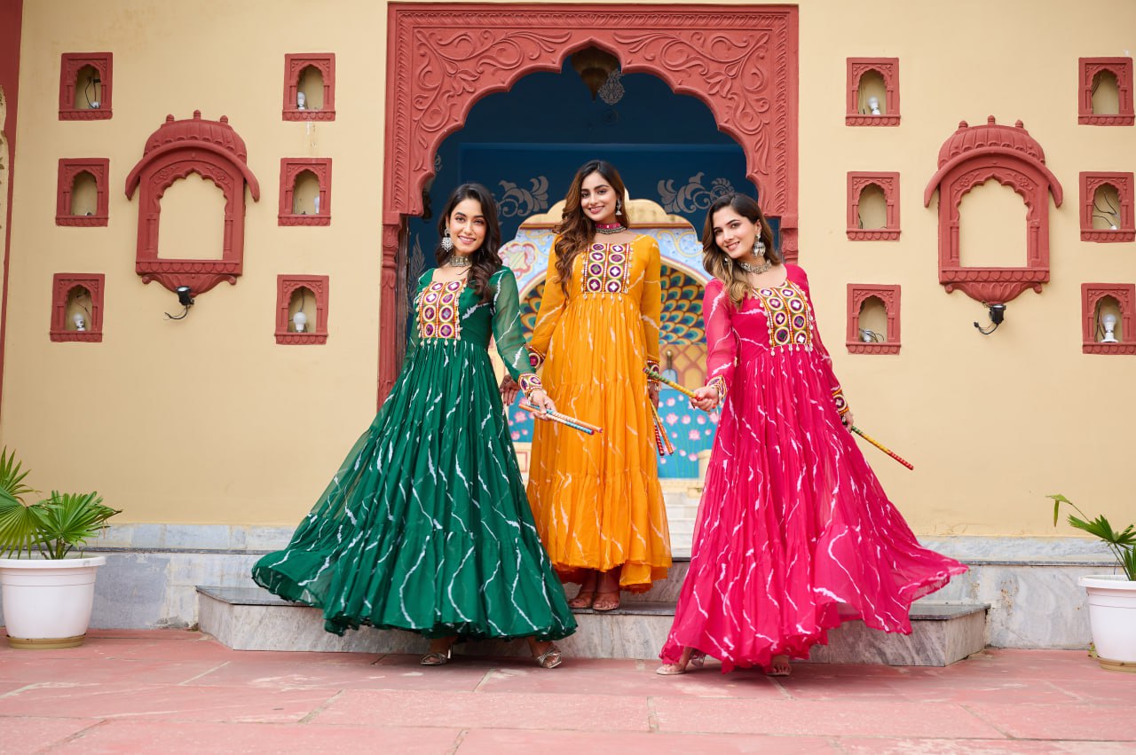 Laheriya Print with Kutchi Work Faux Georgette Navratri Gown