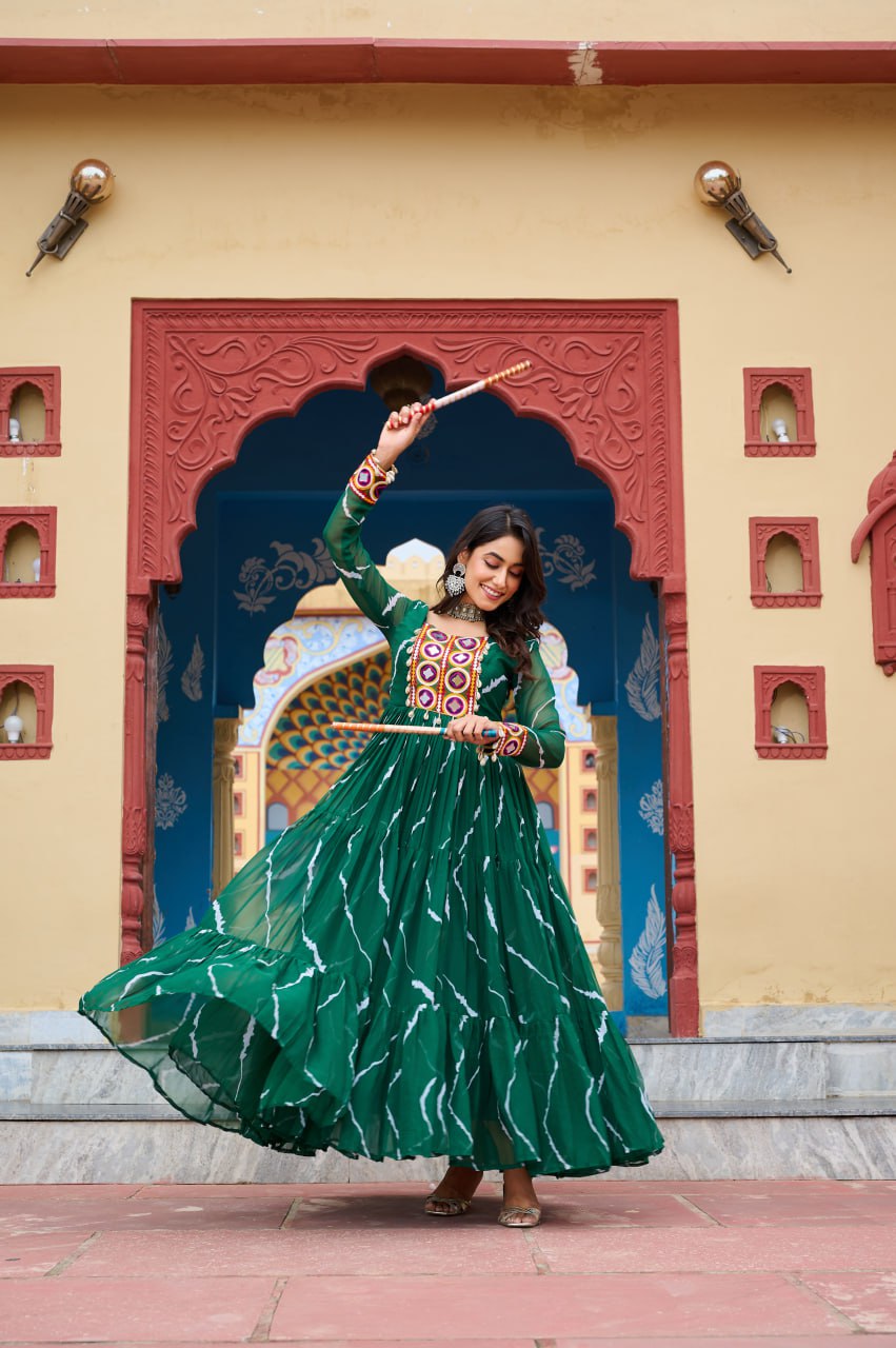 Laheriya Print with Kutchi Work Faux Georgette Navratri Gown