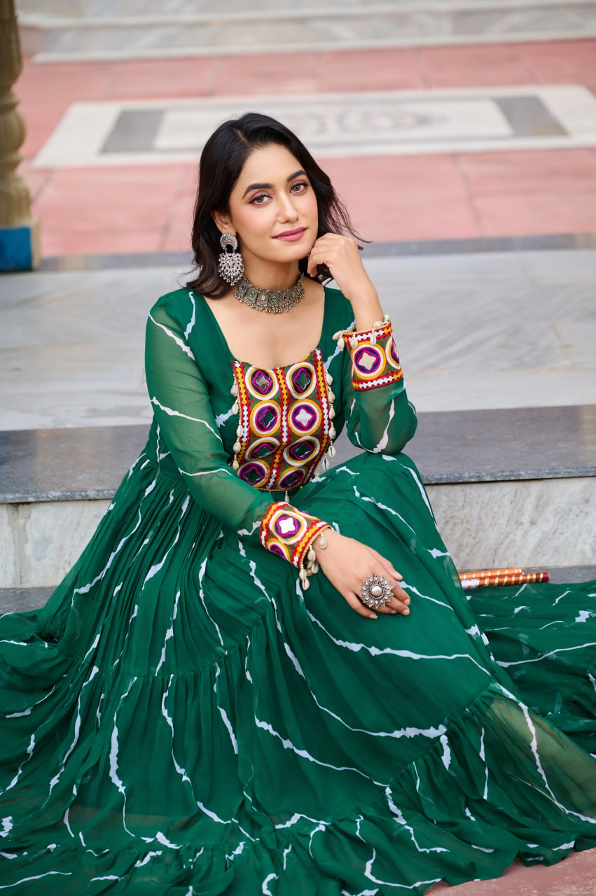 Laheriya Print with Kutchi Work Faux Georgette Navratri Gown