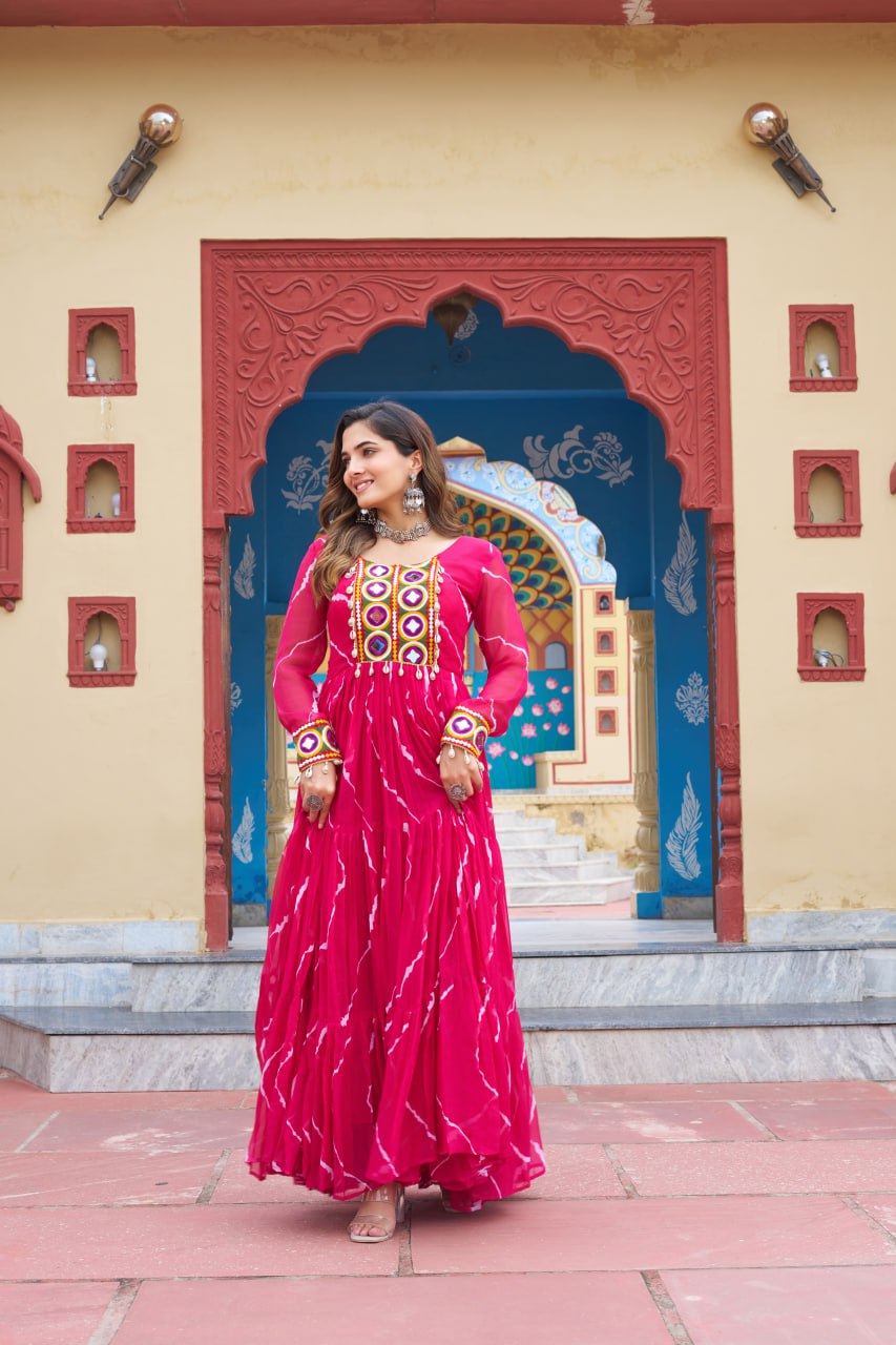 Laheriya Print with Kutchi Work Faux Georgette Navratri Gown
