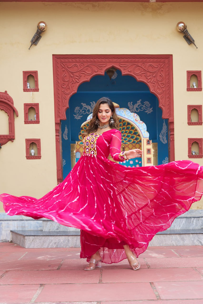 Laheriya Print with Kutchi Work Faux Georgette Navratri Gown