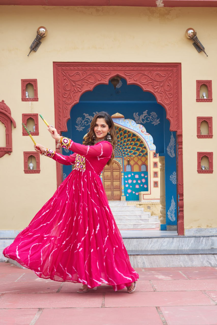 Laheriya Print with Kutchi Work Faux Georgette Navratri Gown