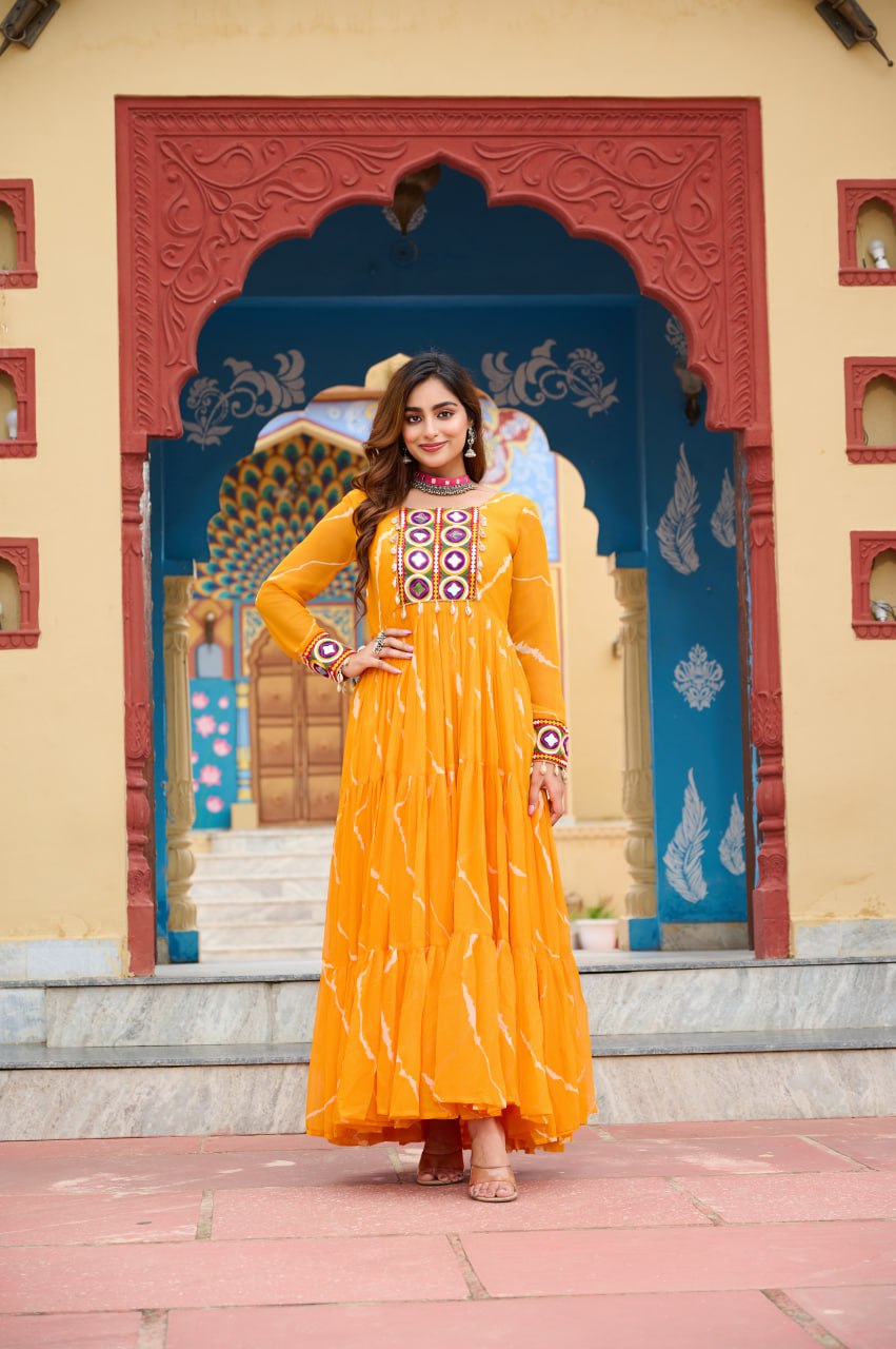 Laheriya Print with Kutchi Work Faux Georgette Navratri Gown