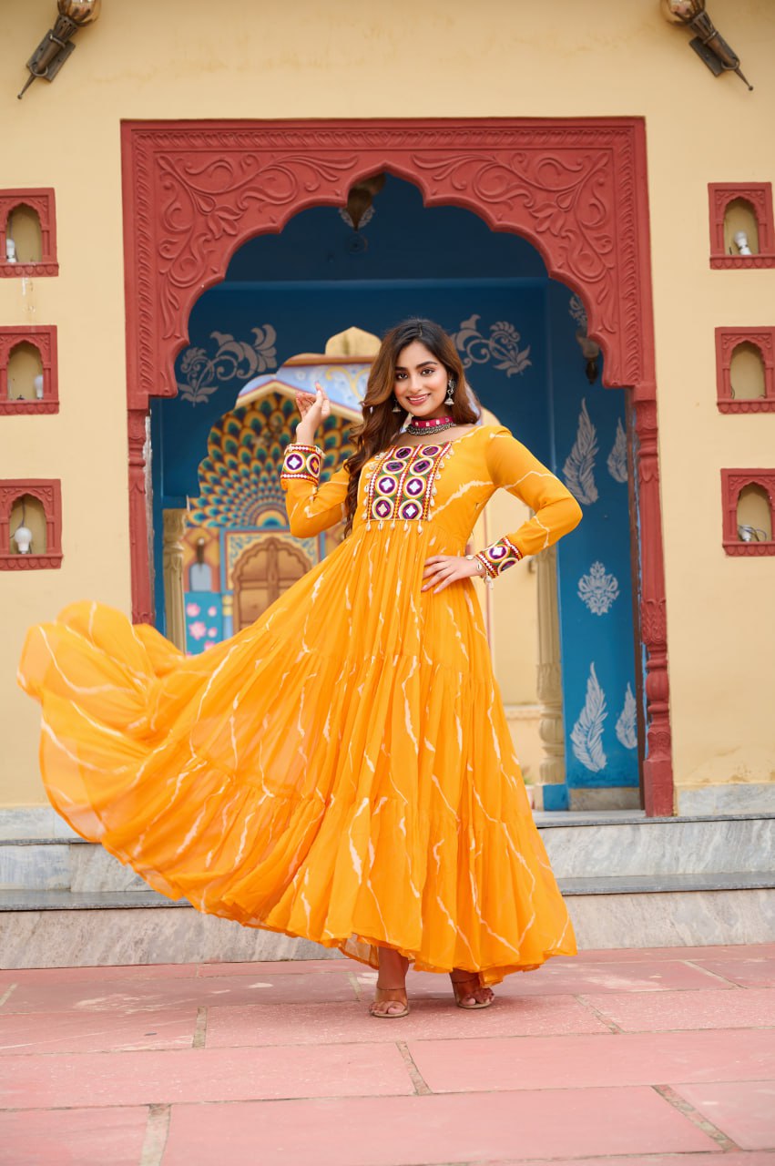 Laheriya Print with Kutchi Work Faux Georgette Navratri Gown