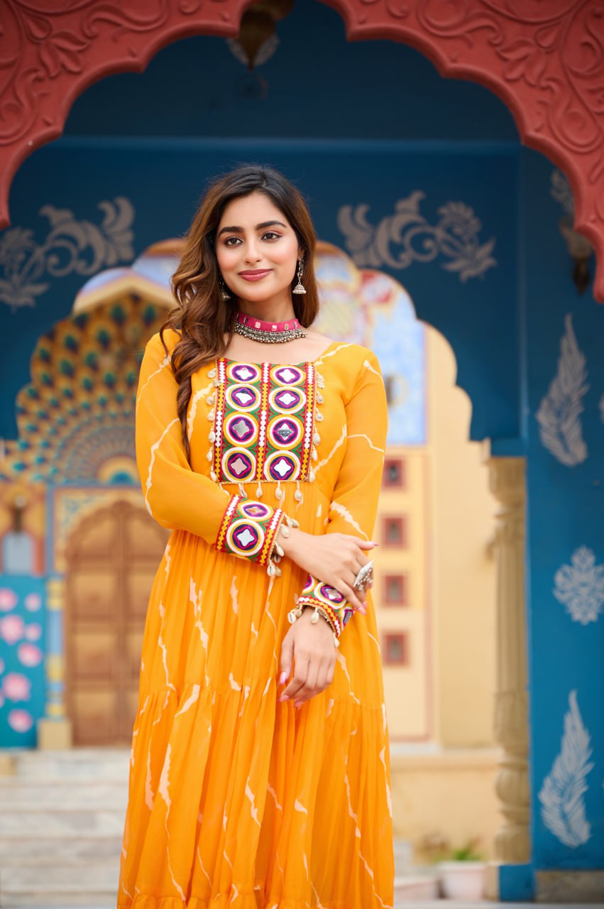 Laheriya Print with Kutchi Work Faux Georgette Navratri Gown
