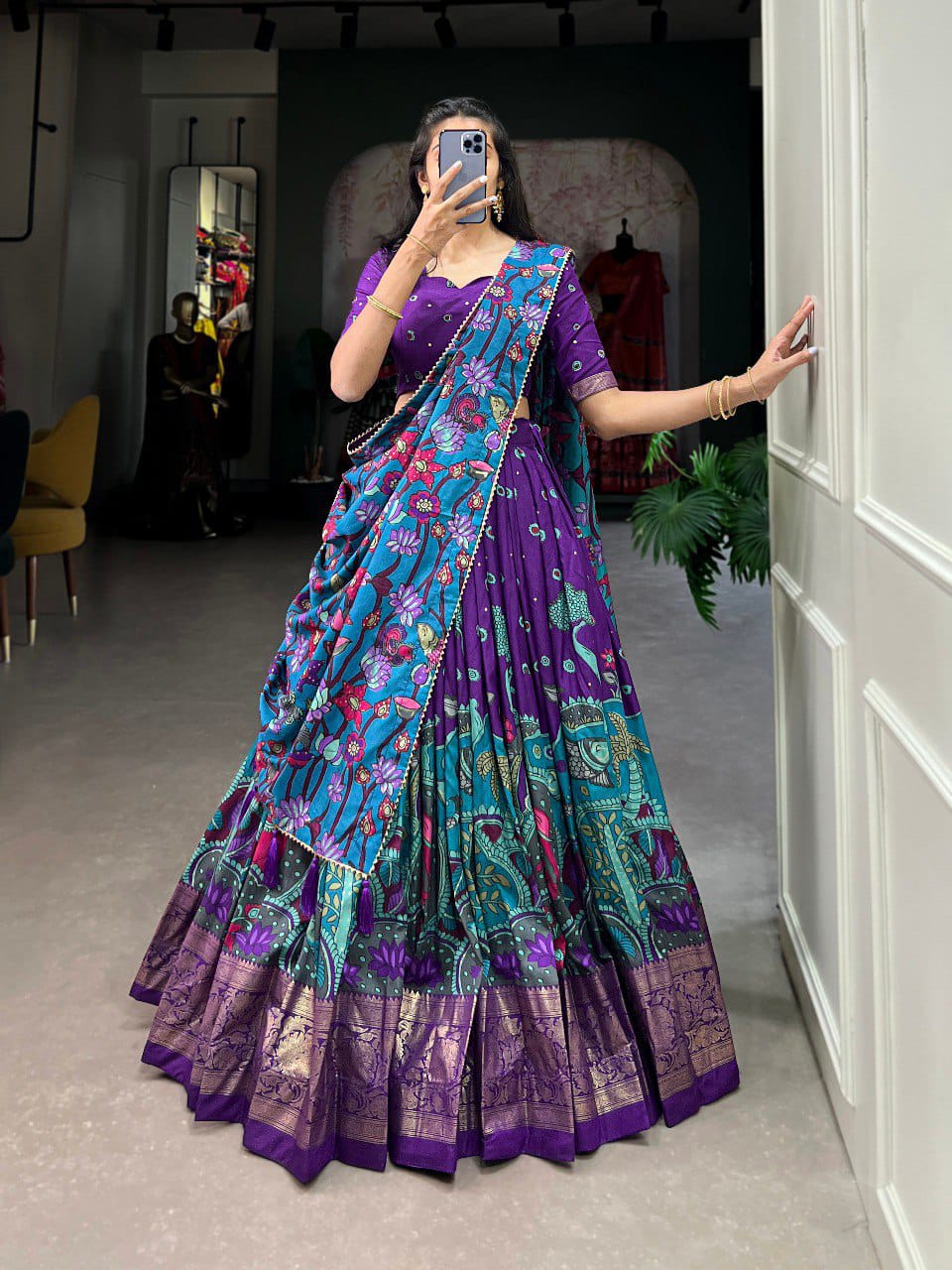 Trending Kalamkari Print Foil Work Lehenga Choli