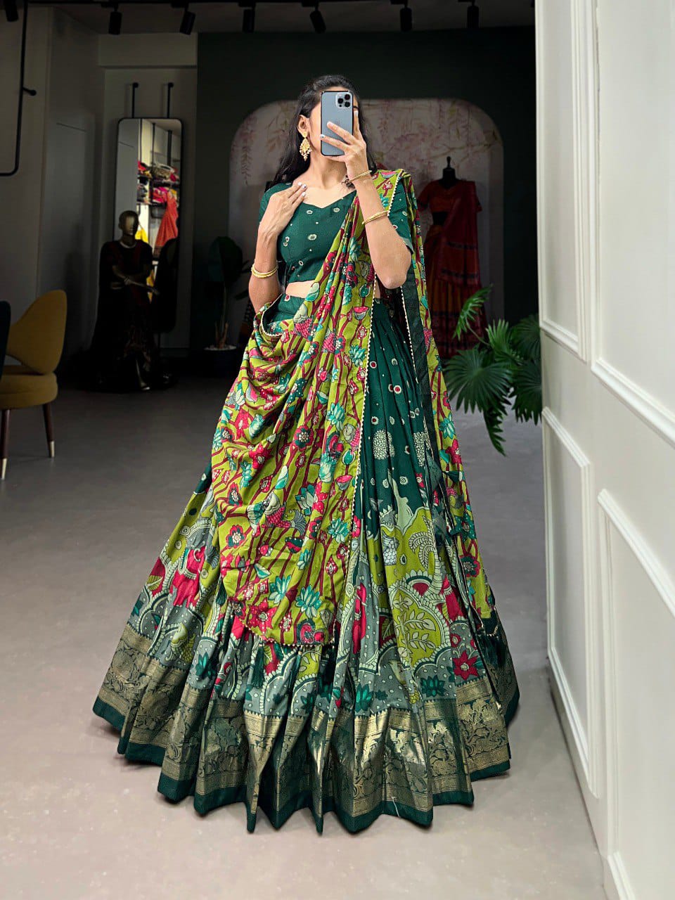 Trending Kalamkari Print Foil Work Lehenga Choli