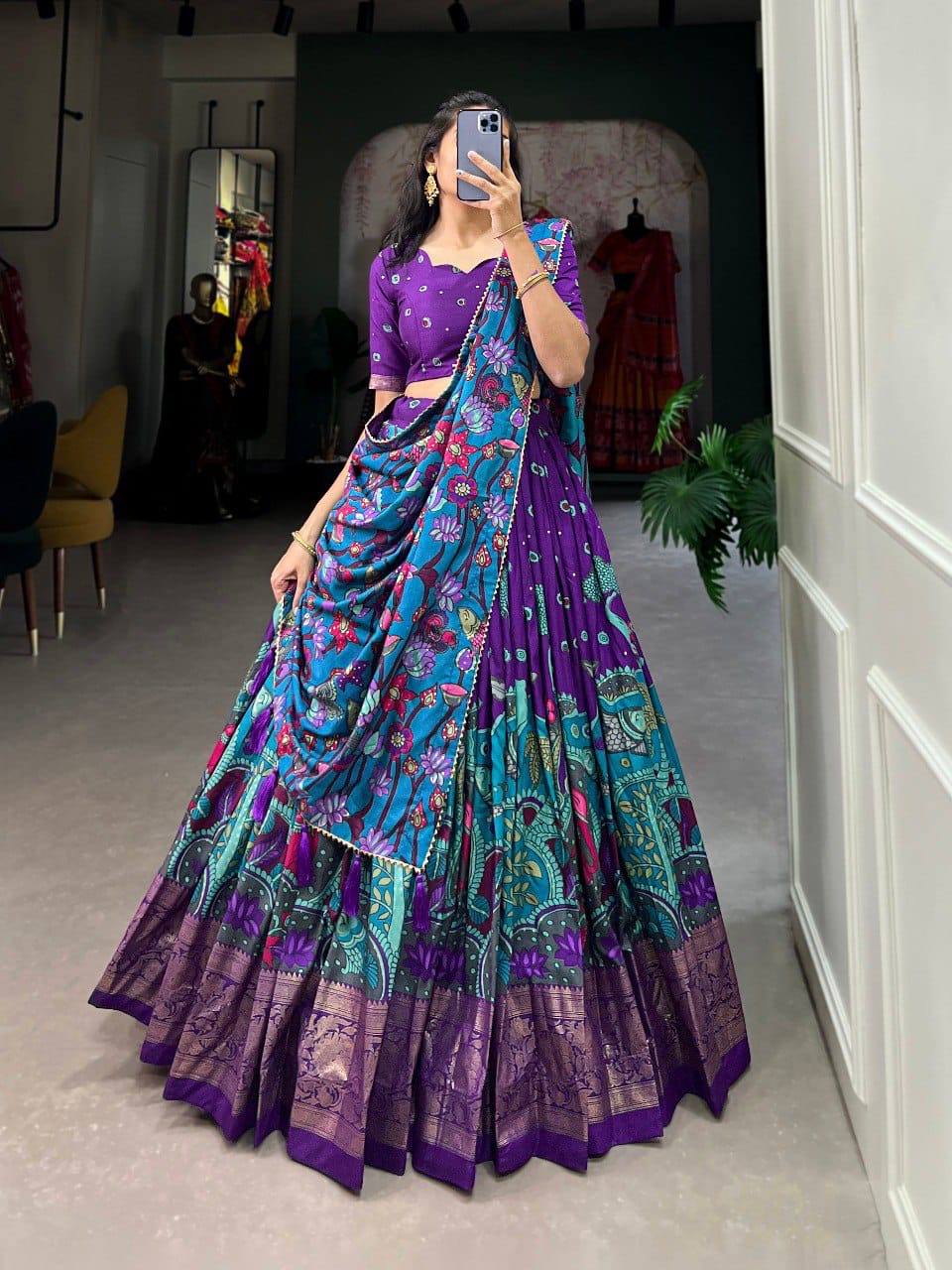 Trending Kalamkari Print Foil Work Lehenga Choli
