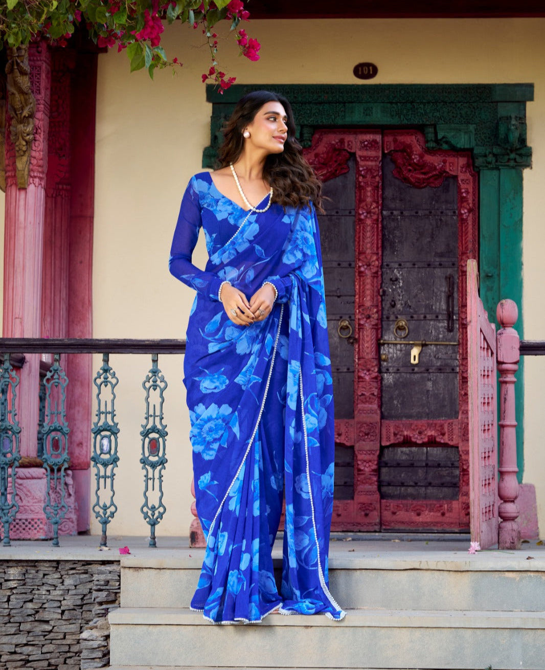 Trending Chiffon Floral Print Pearl Lace Border Saree