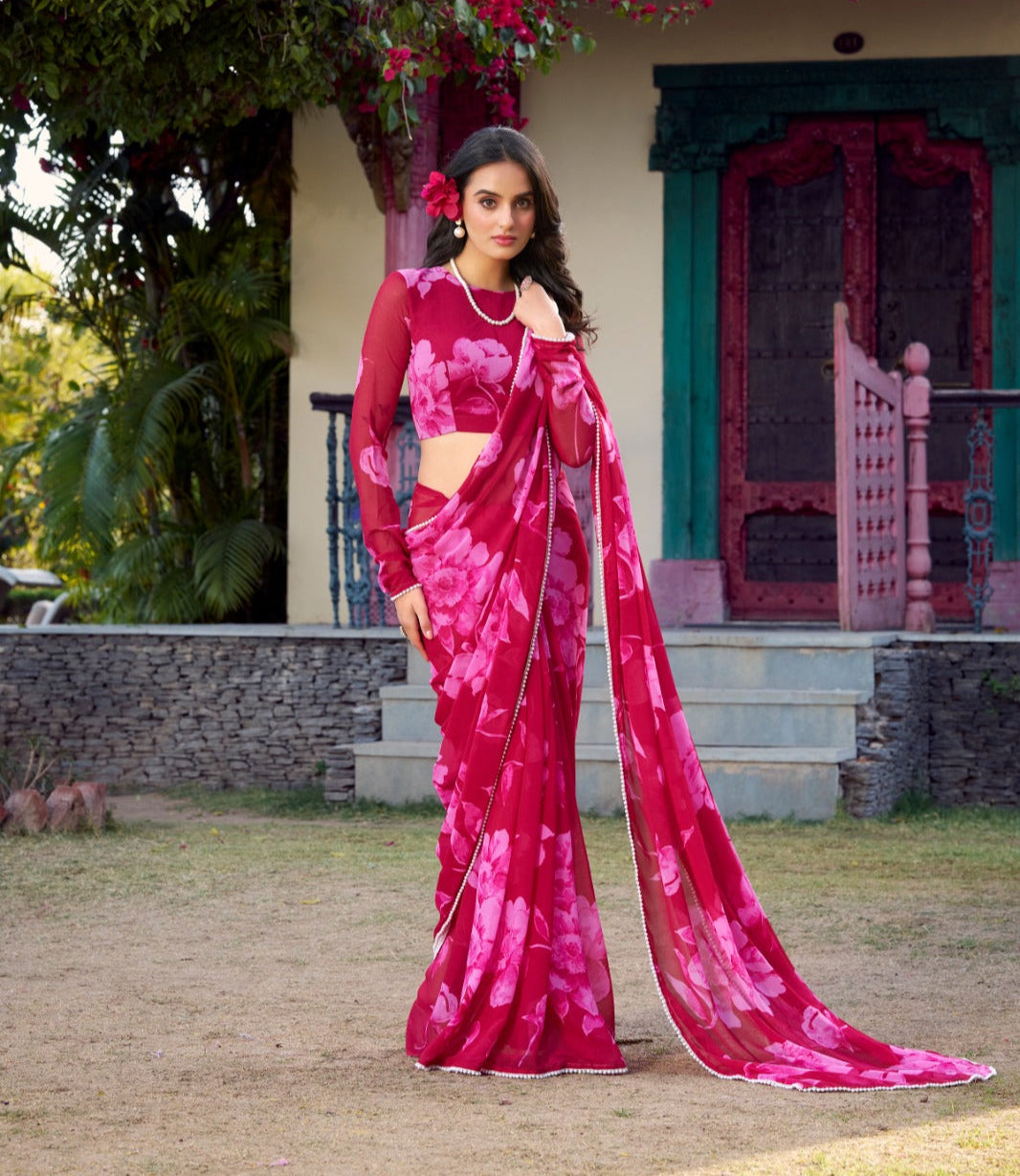 Trending Chiffon Floral Print Pearl Lace Border Saree