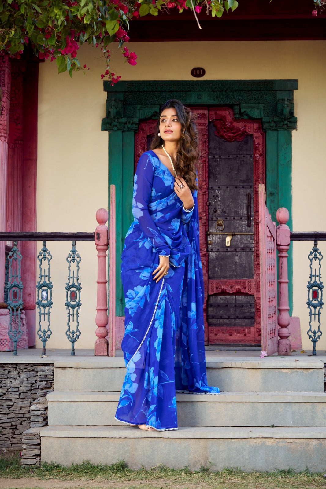 Trending Chiffon Floral Print Pearl Lace Border Saree