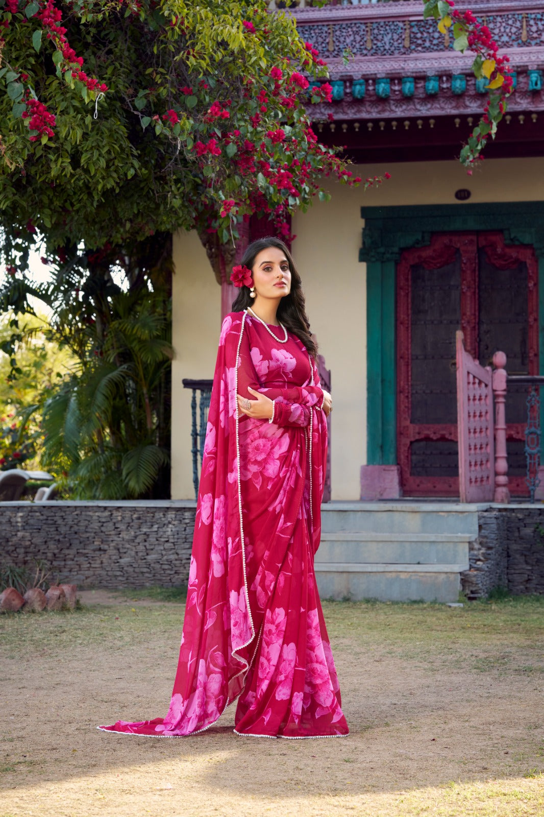 Trending Chiffon Floral Print Pearl Lace Border Saree