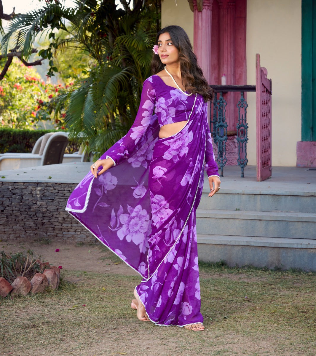 Trending Chiffon Floral Print Pearl Lace Border Saree