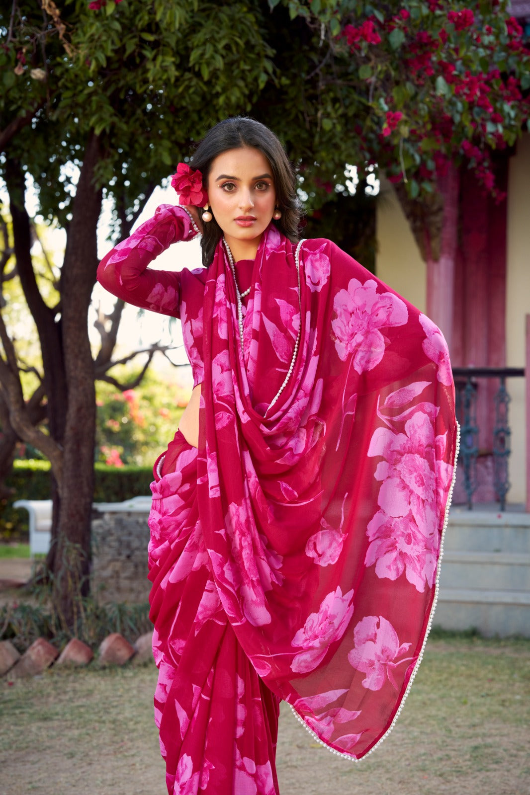 Trending Chiffon Floral Print Pearl Lace Border Saree
