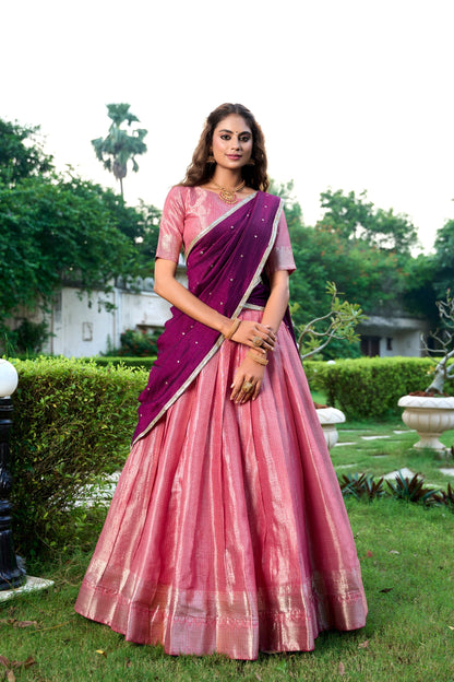 Latest Kanchipuram Zari Weaving Work Lehenga Set / Half Saree (Stitched)