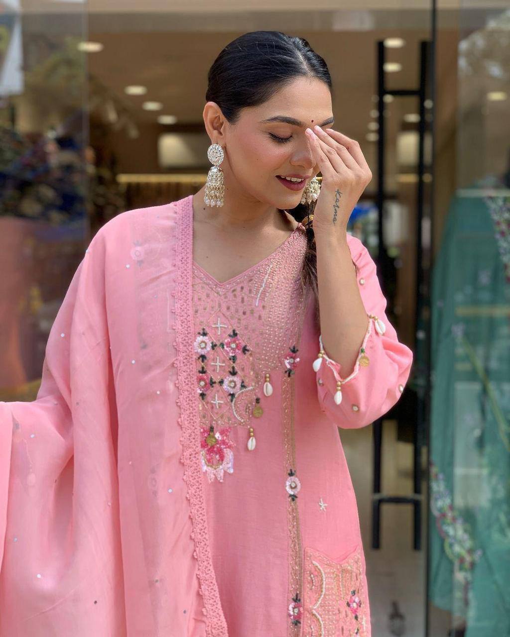 Exclusive Sequence & Cowry Work Suit Set for Womens