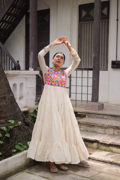 Cotton with Multi Thread Embroidered Gamthi Work Navratri Gown