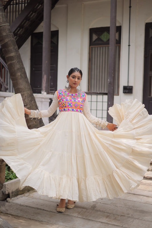 Cotton with Multi Thread Embroidered Gamthi Work Navratri Gown