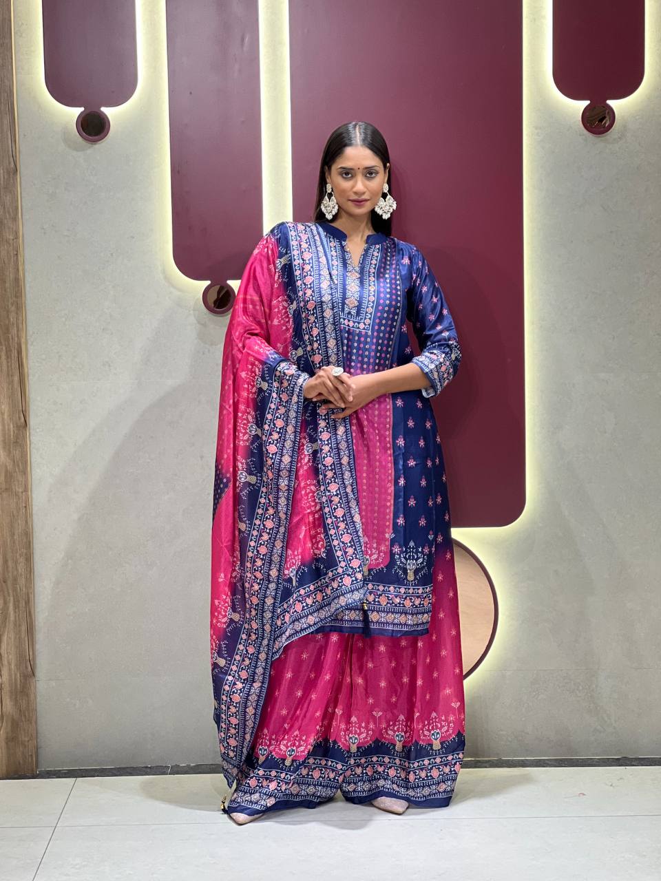 Stylish Chinon Fabric Dark Navy Blue Suit Set